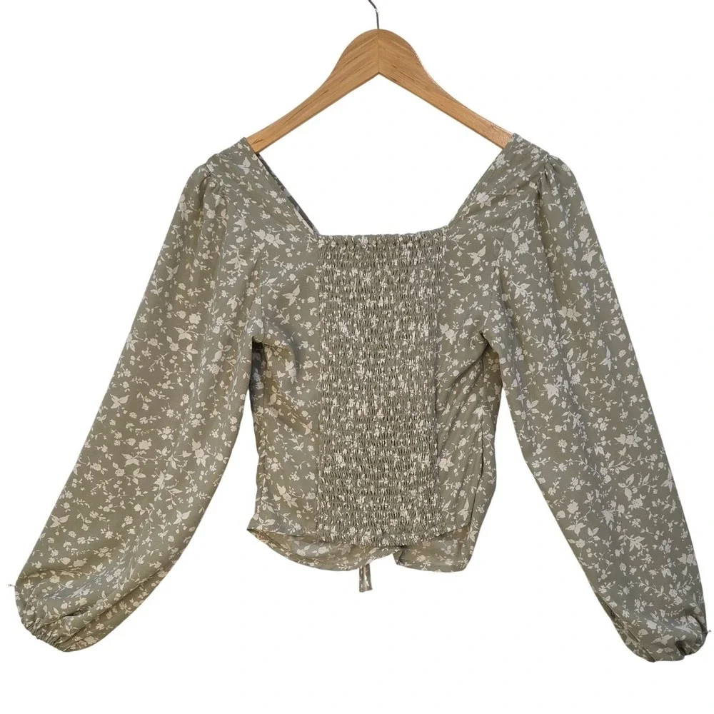Abercrombie & Fitch Womens‎ Green Floral Blouse XXS Ruched Smocked Boho Fairy